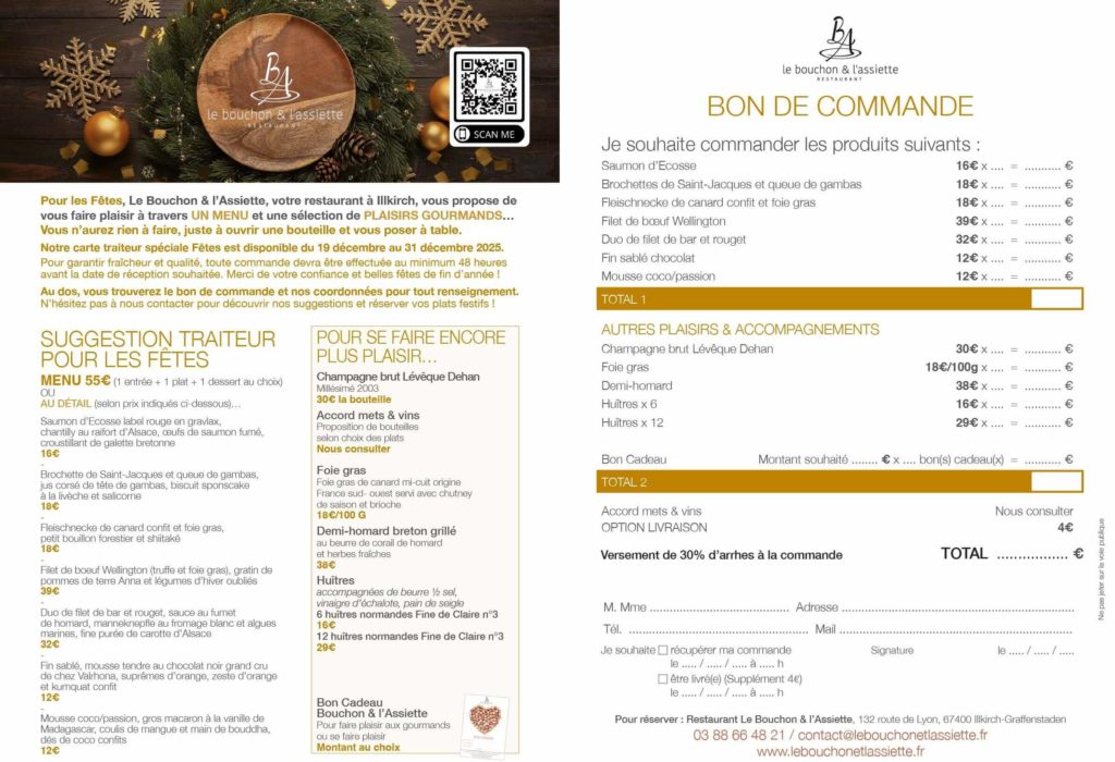 Bon commande traiteur Le Bouchon & l'Assiette Illkirch Noel 2025
